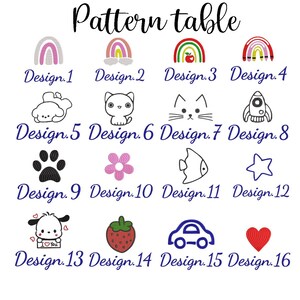 May include: A chart with 16 different embroidery designs. The designs include a rainbow, a cat, a paw print, a flower, a fish, a star, a dog, a strawberry, a car, and a heart. The designs are labeled with numbers 1 through 16.