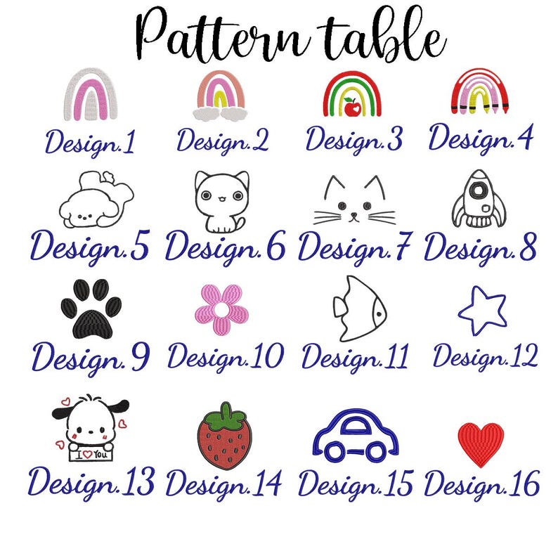 May include: A chart with 16 different embroidery designs. The designs include a rainbow, a cat, a paw print, a flower, a fish, a star, a dog, a strawberry, a car, and a heart. The designs are labeled with numbers 1 through 16.