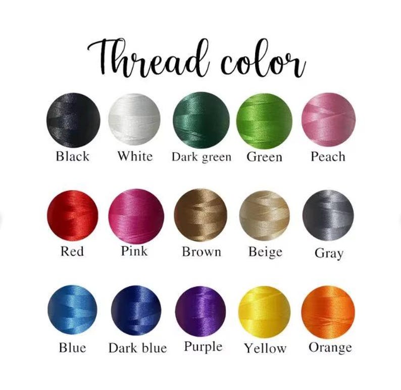 May include: A chart of thread colors with the text "Thread color" at the top. The colors include black, white, dark green, green, peach, red, pink, brown, beige, gray, blue, dark blue, purple, yellow, and orange.