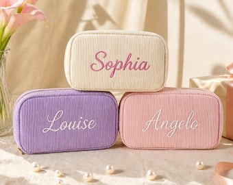 Personalized Embroidered Makeup Bag,Custom Name Corduroy Makeup Bag,Corduroy Travel Letter Case,Monogram Toiletry Makeup Bag,Bridesmaid Gift