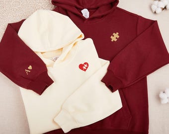 Custom Embroidered Sweatshirt,Heart and Puzzle Piece Couples Hoodie,Initial With Heart On Sleeve,Anniversary Gift,Valentines Day Gift