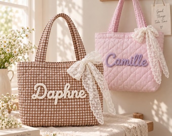 Personalized Quilted Heart Tote Bag, Custom Bridesmaid with Lace Ribbon Gift Bag, Embroidered Name Bag for Bridesmaids, Soft Gingham Bag