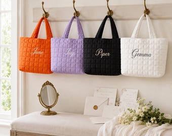 Personalized Quilted Bridesmaid Tote Bag,Custom Bridesmaid Gift, Embroidered Bachelorette Party Favor, Wedding Tote with name