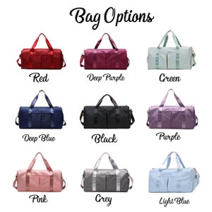 May include: A collection of nine duffel bags labeled Bag Options, shown in red, deep purple, green, deep blue, black, purple, pink, grey, and light blue. Each bag features two top handles, a main zippered compartment, and two front pockets.