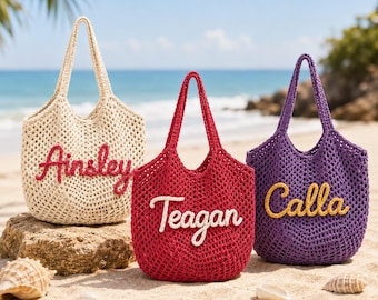 Personalised Crochet Beach Tote Bag,Custom Name Cotton Yarn Handmade Beach Bag,Travel Beach Bag,Wedding Favour Gift,Bridesmaid Gift Bags