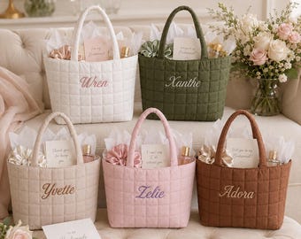 Personalized Name Embroidered Quilted Tote, Custom Bridesmaid Tote Bag, Embroidered Bridal Party Gift, Bachelorette Favor, Gift for Her