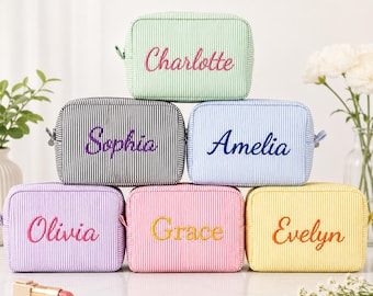 Custom Embroidered Name Seersucker Makeup Bag,Personalized Seersucker Makeup Bag,Monogramed Makeup Bag,Bridesmaid Makeup Bag,Bridesmaid Gift
