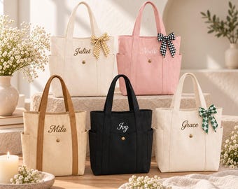 Personalized Embroidered Bridesmaid Tote Bag, Custom Canvas Beach Bag with Initial Ribbon, Embroidered Bach Party Bag, Bridal Party Gift