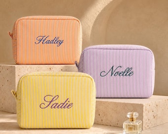 Personalized Seersucker Makeup Bag,Custom Embroidered Makeup Pouch,Monogrammed Travel Pouch,Wedding Party Favor,Gift For Bridesmaid