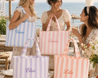 Personalized Embroidered Striped Canvas Tote Bag, Custom Name Bridesmaid Tote Bag, Bachelorette Party Favor, Wedding Gift for Bridesmaids
