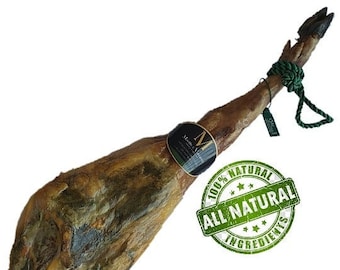 Presunto ibérico Pata Negra de luxo, 8 kg. Presunto gourmet exclusivo da Espanha. Alimentado com bolotas. Selo Verde 50% Ibérico de Bellota.