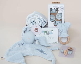 Luxury Newborn Gift Set Personalized | Muslin Swaddle & Comforter | Pacifier Clip Name | Frigg Dummies | Baby Shower Box | Organic Cotton