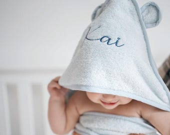 Personalised Baby Hooded Towel with Name | Organic Cotton Bath Wrap | Newborn Gift & Christening | Embroidered 75x75 cm | JBORN