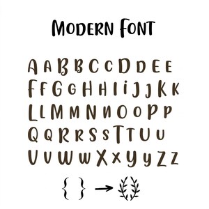 May include: A white background displays a brown, handwritten-style alphabet in uppercase letters. The words "MODERN FONT" are written in black at the top. Symbols including brackets, an arrow, and a laurel wreath are at the bottom.