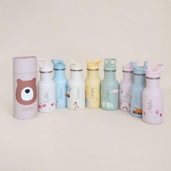 Personalisierte Trinkflasche für Kinder mit Strohhalm, 400 ml | Leichte Edelstahlflasche für die Schule | Unisex-Wasserflasche für unterwegs