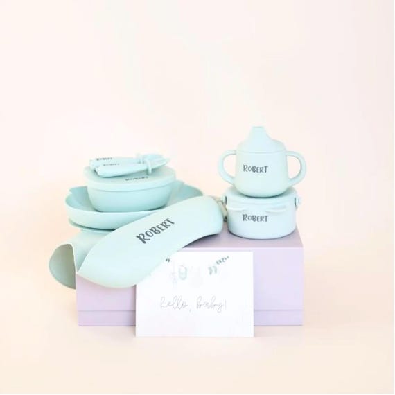 Baby Geschirr Set Personalisiert | Teller & Schüssel Saugnapf | Beikost Start Set | Taufgeschenk 1. Geburtstag | Esslernset Silikon