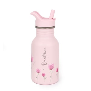 Personalised Kids Water Bottle With Straw, 400 ml | Lightweight Stainless Steel Bottle For School | Unisex Water Bottle For Travel Lilac Bloom