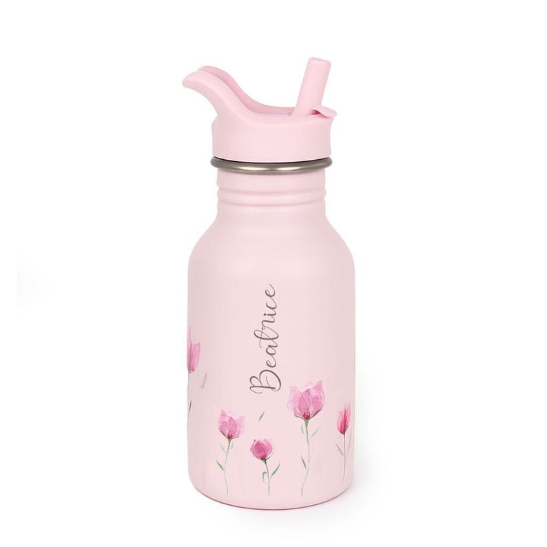 Personalised Kids Water Bottle With Straw, 400 ml | Lightweight Stainless Steel Bottle For School | Unisex Water Bottle For Travel Lilac Bloom