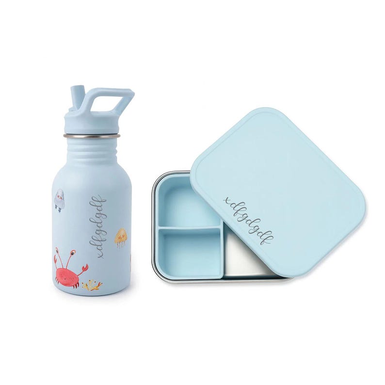 May include: A light blue water bottle and lunchbox set. The water bottle has a flip-top lid and features sea creature illustrations. The lunchbox has a light blue lid and a stainless steel interior with two compartments. The text "xdfgdgdf" is on both items.