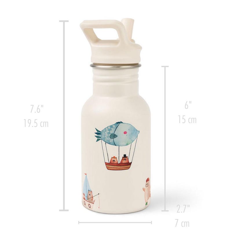 May include: A cream-colored water bottle with a flip-top lid. The bottle features a whimsical design of a fish in a hot air balloon, along with other nautical illustrations. The bottle is 7.6 inches tall and 2.7 inches wide.
