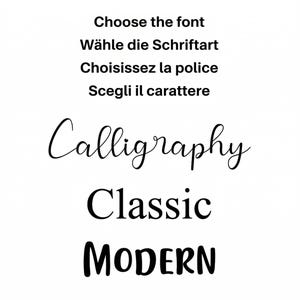 May include: A white background features black text in various fonts. The text at the top reads "Choose the font" in English, with translations in German, French, and Italian. Below, the words "Calligraphy," "Classic," and "MODERN" are displayed in different font styles.