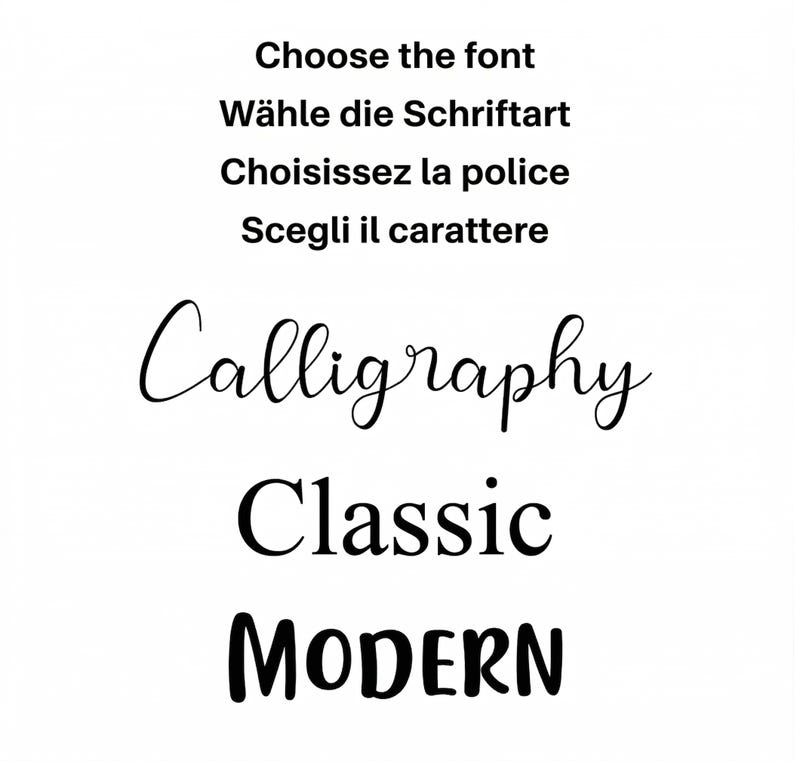 May include: A white background features black text in various fonts. The text at the top reads "Choose the font" in English, with translations in German, French, and Italian. Below, the words "Calligraphy," "Classic," and "MODERN" are displayed in different font styles.