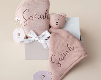 Personalised Baby Gift Set | Knitted Blanket & Comforter Embroidered | Bamboo Cotton Baby Shawl | Newborn Hamper Box | Baby Shower Gift