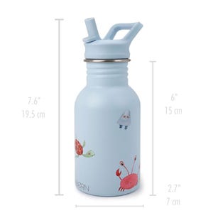May include: A light blue water bottle with a straw and a handle. The bottle is decorated with illustrations of a red crab, a green turtle, and a white ghost-like figure. The bottle is 7.6 inches (19.5 cm) tall and 2.7 inches (7 cm) wide.