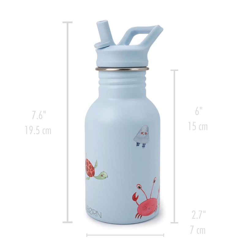 May include: A light blue water bottle with a straw and a handle. The bottle is decorated with illustrations of a red crab, a green turtle, and a white ghost-like figure. The bottle is 7.6 inches (19.5 cm) tall and 2.7 inches (7 cm) wide.