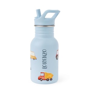 May include: A light blue water bottle with a flip-top lid and a stainless steel rim. The bottle is decorated with illustrations of a school bus, a red car, and a dump truck. The name "Lorenzo" is printed vertically on the bottle.