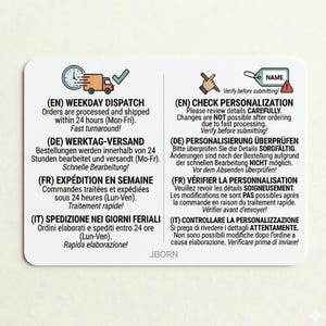 May include: A white rectangular card with text in English, German, French, and Italian. The card is divided into two sections, one with a clock and truck icon, the other with a tag icon. The text describes order processing and personalization instructions.