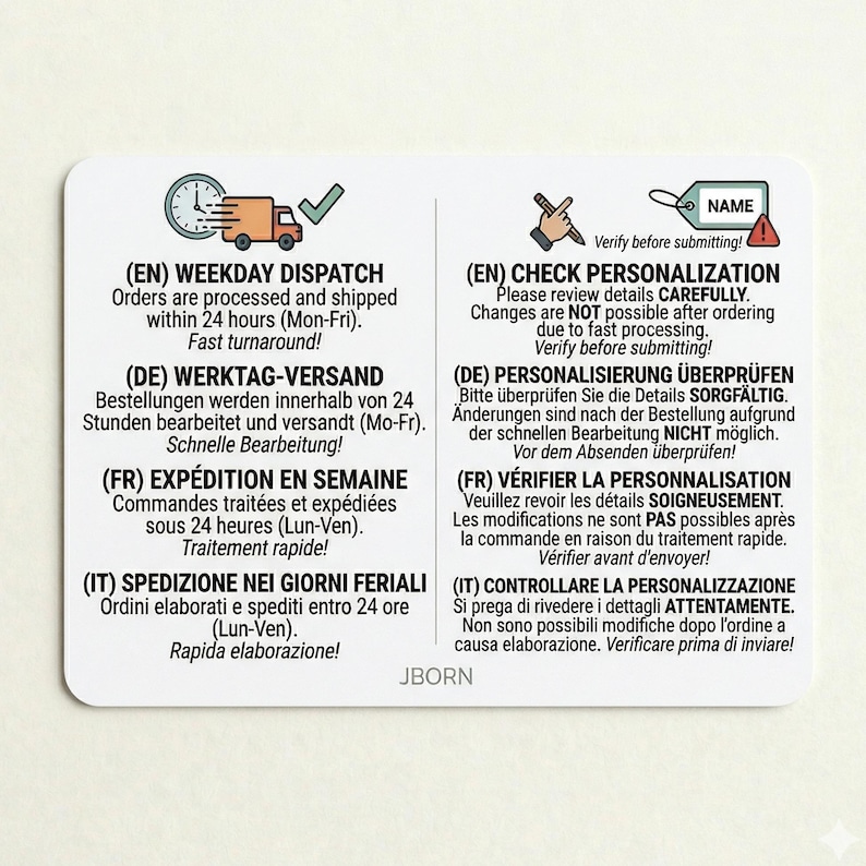 May include: A white rectangular card with text in English, German, French, and Italian. The card is divided into two sections, one with a clock and truck icon, the other with a tag icon. The text describes order processing and personalization instructions.