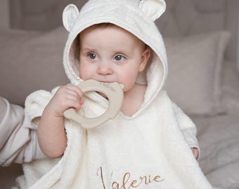 Poncho Bagno Personalizzato Nome | Cotone Bio Spugna | Accappatoio Neonato Orecchie | Certificato GOTS | Telo Mare JBORN