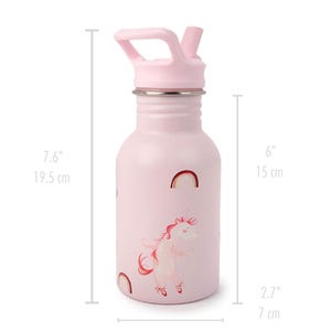 May include: A pink water bottle with a light pink lid and a silver band. The bottle features a unicorn illustration and rainbow accents. It measures 7.6 inches wide, 6 inches tall, and 2.7 inches deep.