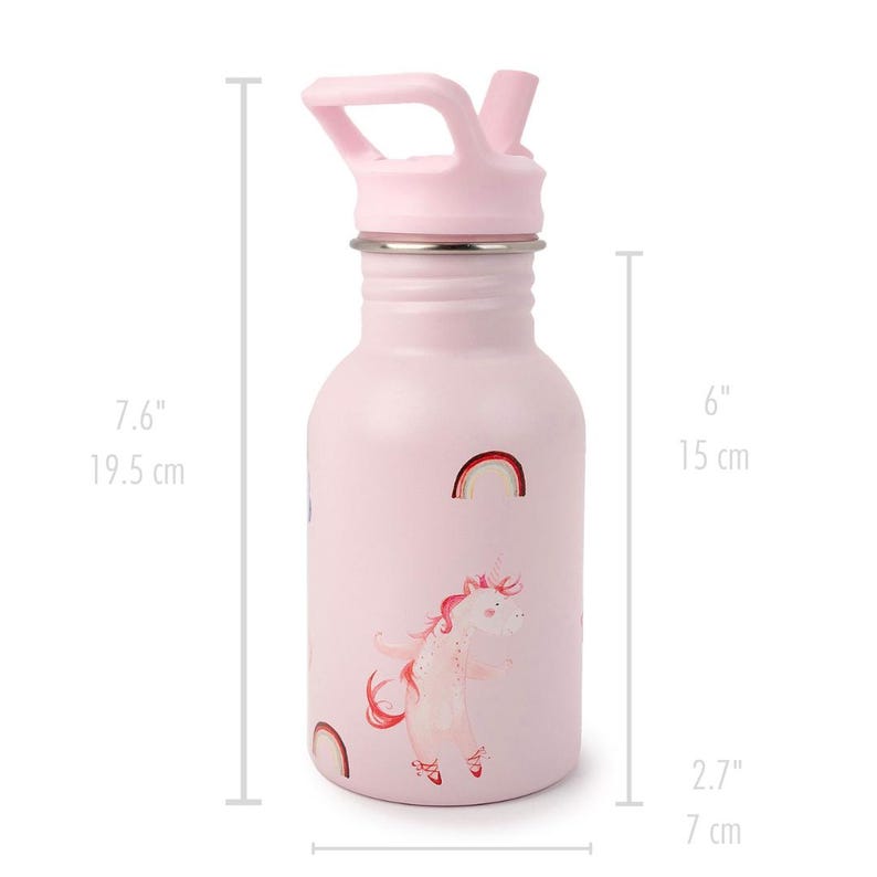 May include: A pink water bottle with a light pink lid and a silver band. The bottle features a unicorn illustration and rainbow accents. It measures 7.6 inches wide, 6 inches tall, and 2.7 inches deep.