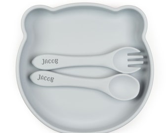 Assiette et couverts en silicone JBØRN | Ensemble de sevrage | Personnalisable