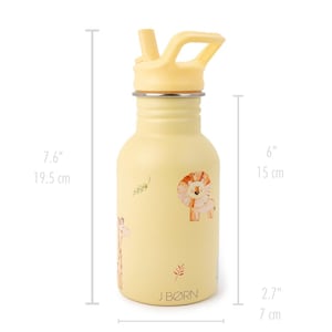 May include: A yellow water bottle with a straw and a screw-on lid. The bottle is 7.6 inches (19.5 cm) tall and 2.7 inches (7 cm) wide. It features illustrations of a giraffe and a lion. The text "J BORN" is printed on the bottle.
