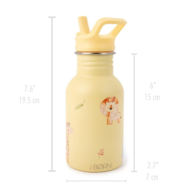 May include: A yellow water bottle with a straw and a screw-on lid. The bottle is 7.6 inches (19.5 cm) tall and 2.7 inches (7 cm) wide. It features illustrations of a giraffe and a lion. The text "J BORN" is printed on the bottle.