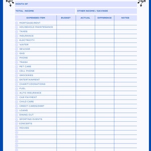 May include: A printable monthly budget worksheet with categories for expenses, income, and savings. The worksheet includes a list of common expenses such as mortgage, rent, utilities, groceries, and entertainment.