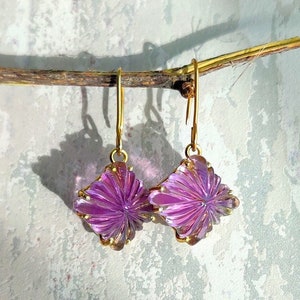 Solid 14K Yellow Real Gold, February Birthstone, Natural Amethyst Dangle Earring, Minimalist, Dainty, Gift For Her, Handmade, Glossy Finish.