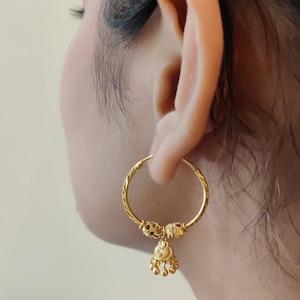 22K Yellow Real Gold Dangle & Drop Hoops Earrings, Minimalist, Dainty, Gift For Her, Mom, Handmade, Hoop, Huggies, Ballie, Designer Hoops.
