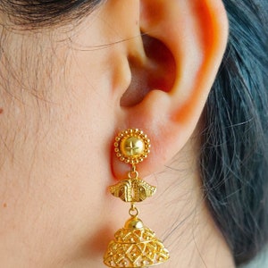 22K Real Gold Jhumka Earrings | Heavy Rajasthani Floral Gold Earrings | Indian Bridal Dangling Jhumkis | Designer 22K Solid Gold Jewelry.