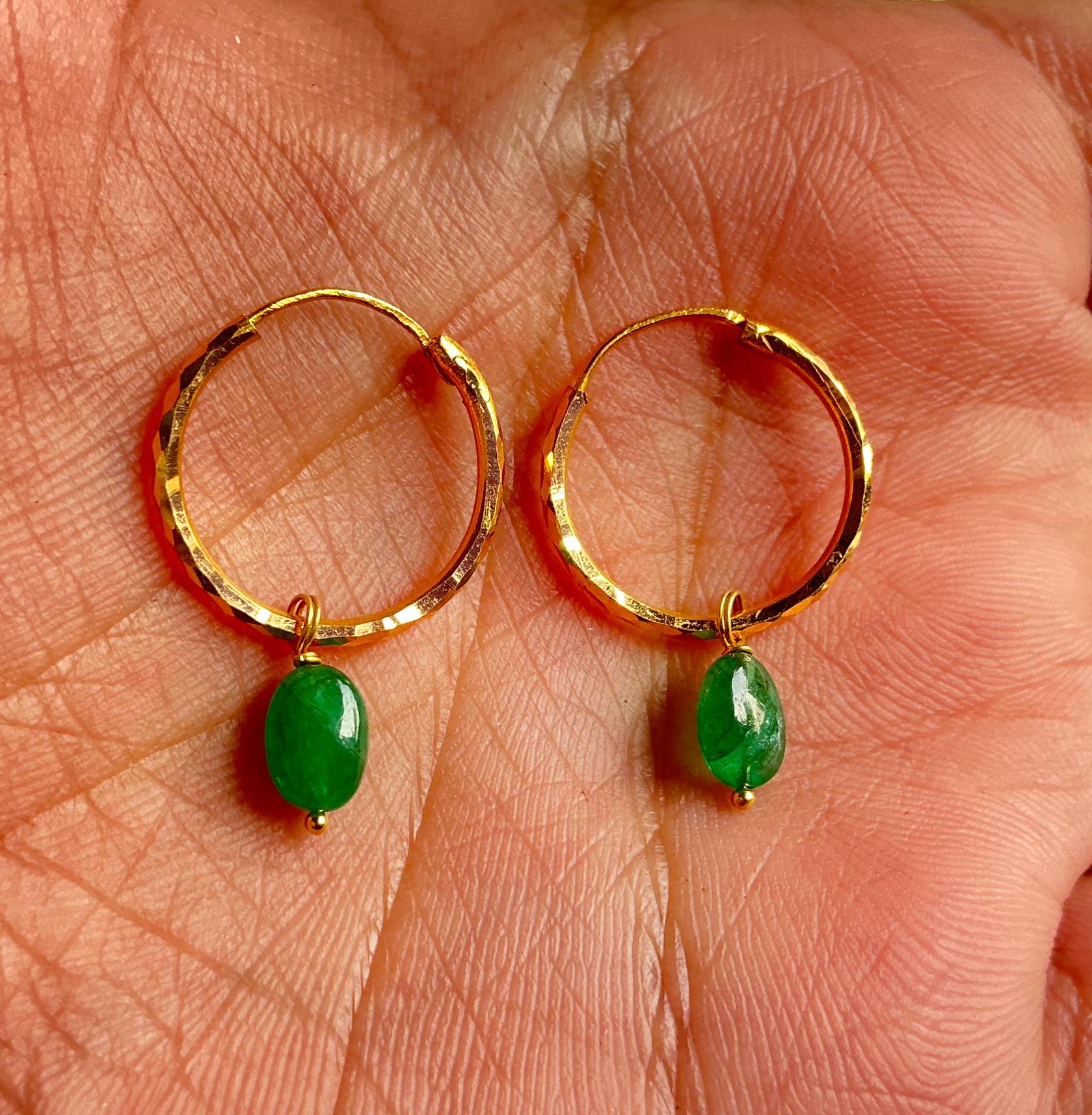 22K Solid Gold Emerald Hoop Earrings | Natural Emerald Beads | Lightweight Gold Hoops | Handmade 22kt Yellow Gold Jewelry | Real Gold Bali.