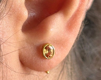 18K Yellow Gold Citrine Studs Earrings | Oval Cut Gemstone Earrings | Solid Gold Dainty Gift for Her | Handmade Studs | Minimalist Studs.