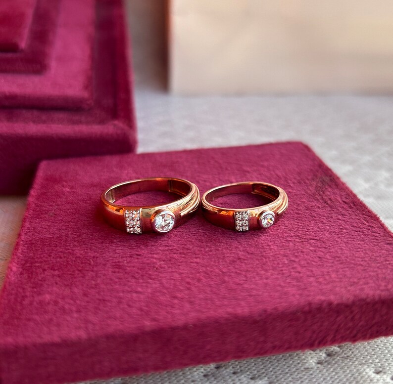 18k Solid Rose Gold With Cubic Zircon Couples Ring Set His Etsy