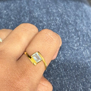 18K Gold Aquamarine Ring | Rectangle Blue Stone Ring | Dainty Real Gold Gemstone Ring | March Birthstone Light Weight Jewelry Gift for Her.