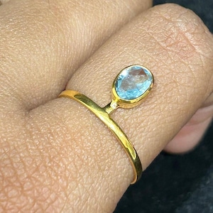 18K Yellow Gold Aquamarine Oval Ring | Blue Gemstone Designer Ring | Dainty Real Gold Handmade Ring | Lightweight Engagement Ring for Her.