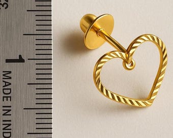 18K Real Gold Heart Stud Earrings | Textured Open Heart Studs | Dainty Solid Gold Jewelry Gift for Her | Handmade Minimalist Gold Studs |