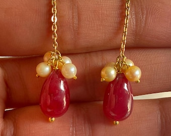 18K Solid Gold Ruby and Pearls Drop Earrings | Handmade Yellow Gold Dangle Earrings | Real Gemstone Jewelry Gift for Her | Elegant Earrings.