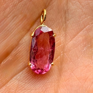 18K Real Yellow Gold Pink Tourmaline Pendant (Only) | Lightweight October Birthstone Charm | Oval Cut | Gift for Her | Heart Chakra | Dainty